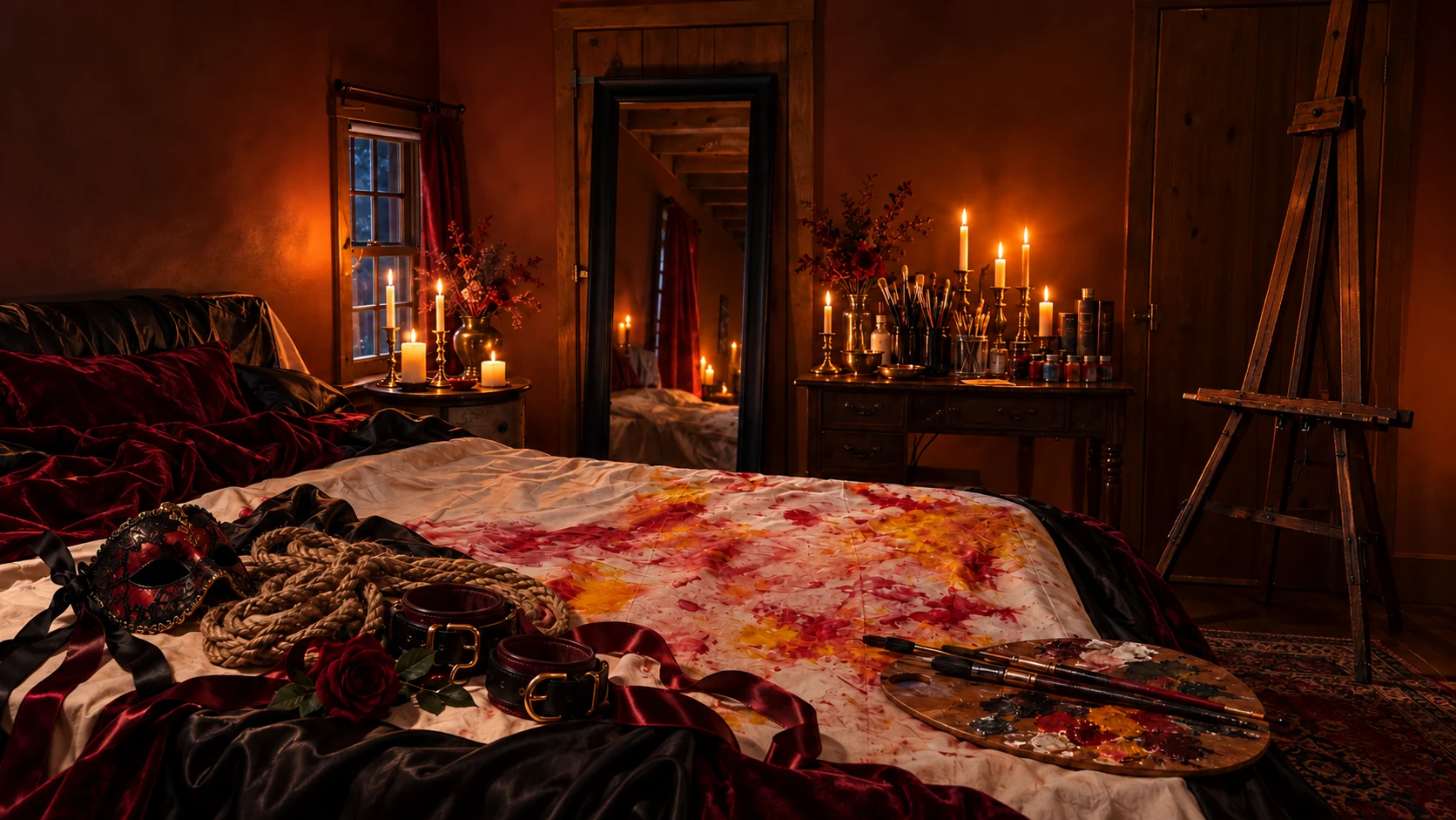 Candlelit atelier with painted fabric, brushes and an empty easel